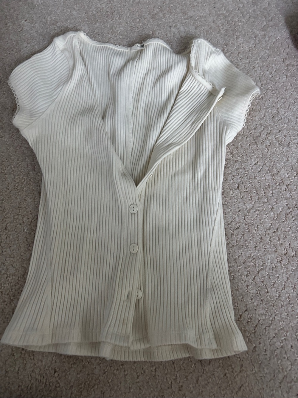 Ribbed Button-Front V-Neck Blouse in Cream
